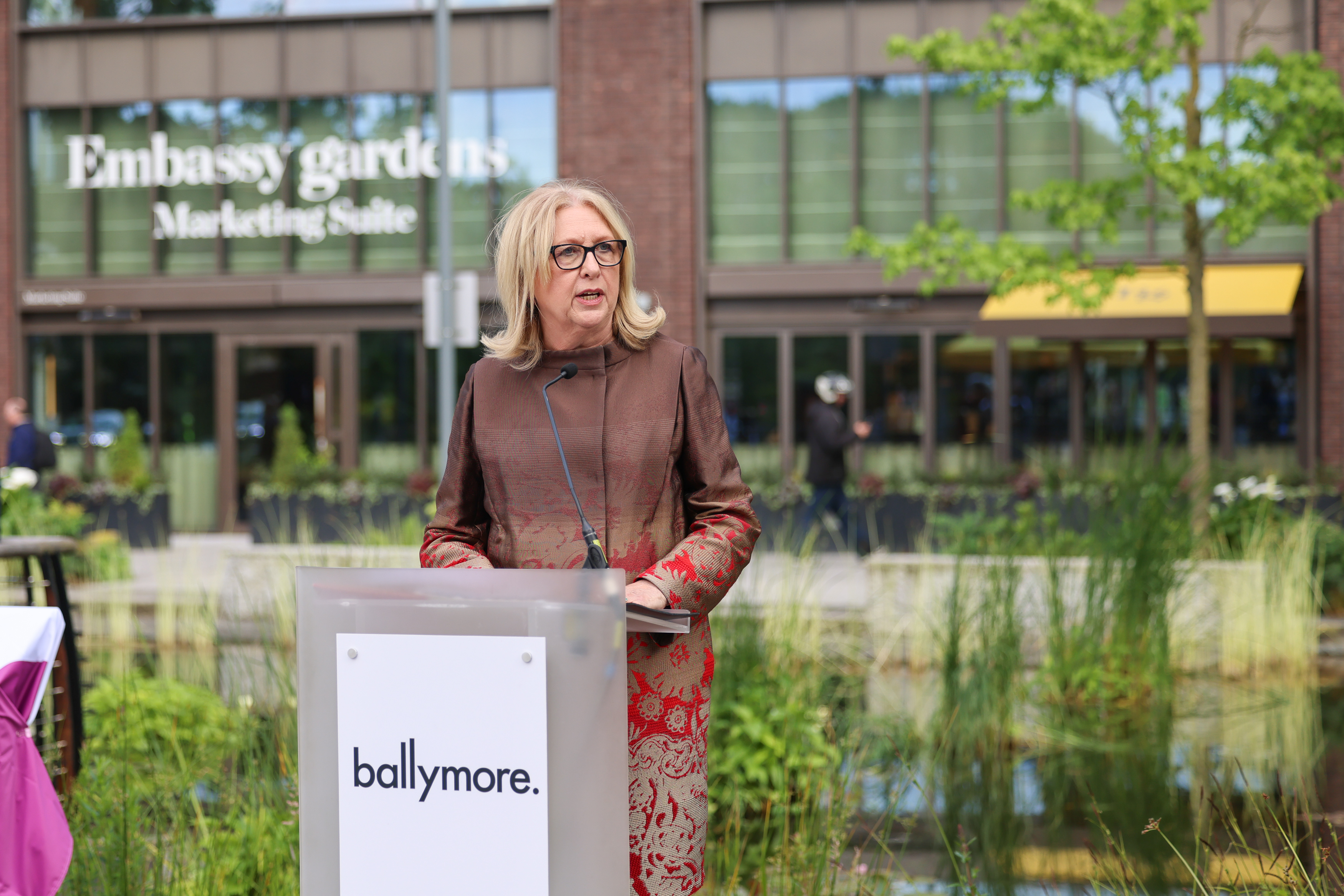 Former President of Ireland Mary McAleese unveils historic plaque  at Embassy Gardens